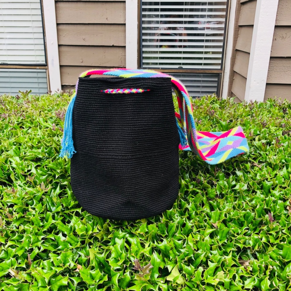 NWOT Handwoven Black Bucket Bag with Neon Tassels and Multicolor Strap - Picture 2 of 7